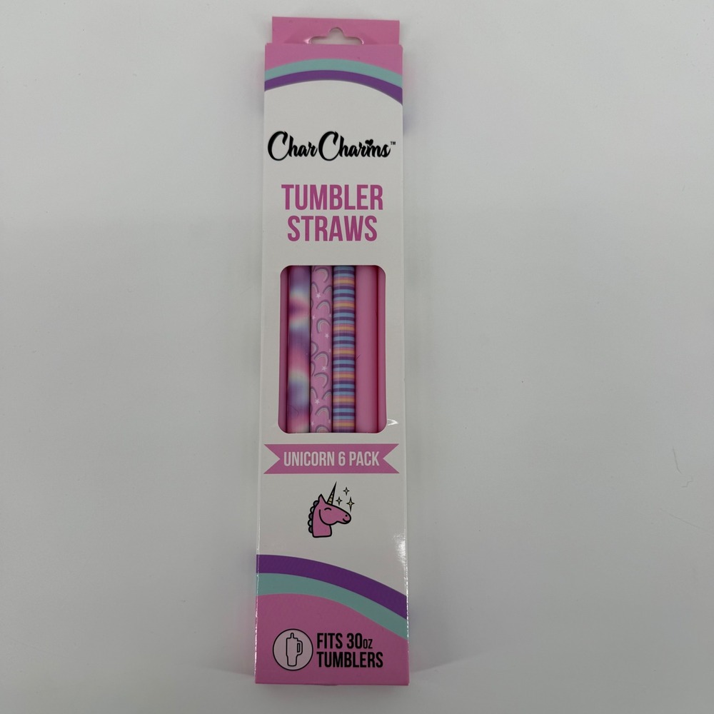 Char Charms Unicorn Tumbler Straws 6 Pack Reusable BPA Free Fits 30oz‎ Tumblers